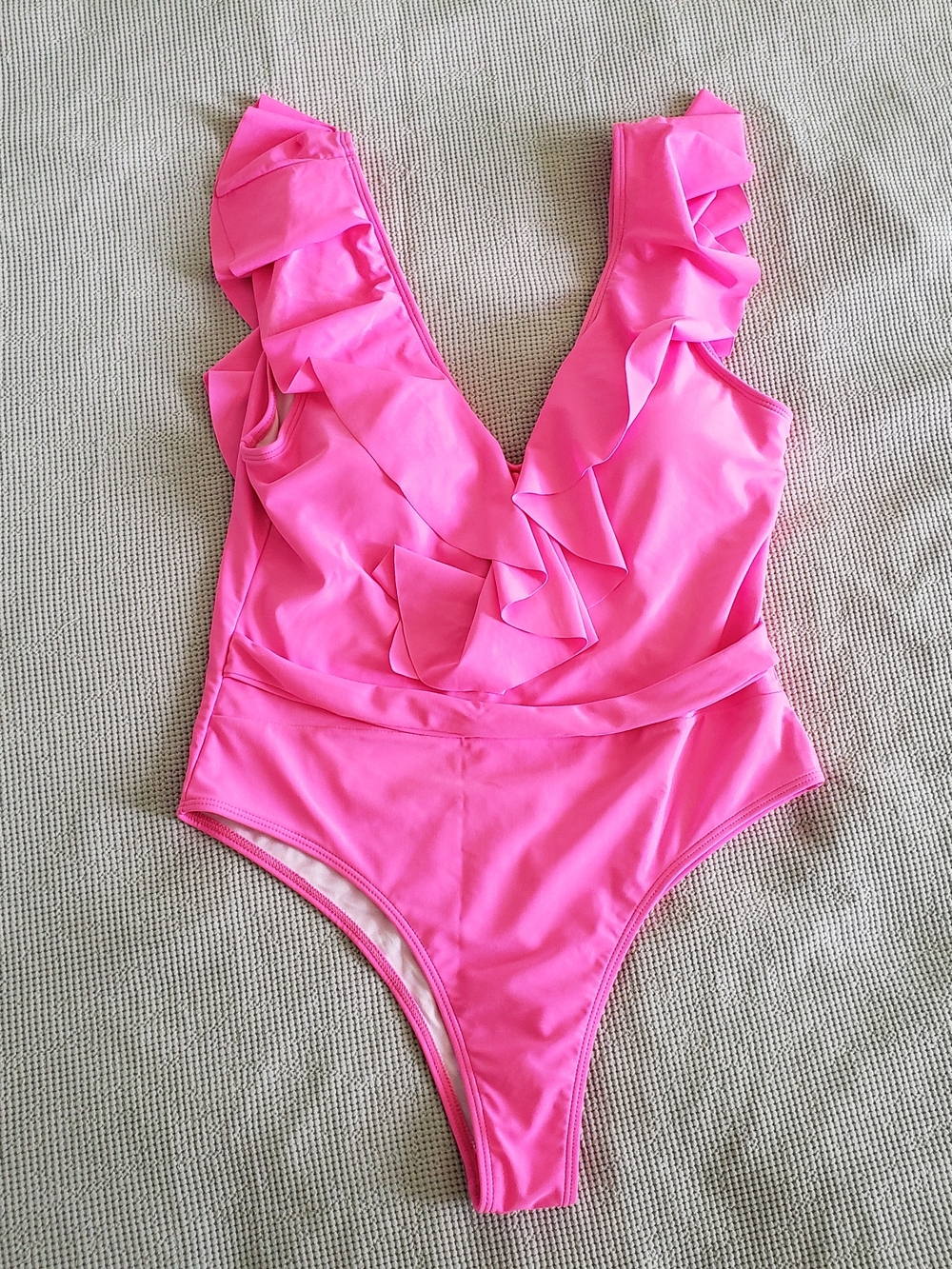 Pink‎ Ruffle V-Neck High Cut One Piece Swimsuit XL